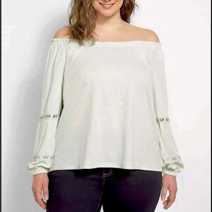 Lane Bryant Mint Green Off Shoulder Tunic Blouson-Sleeve Ribbed Knit Top